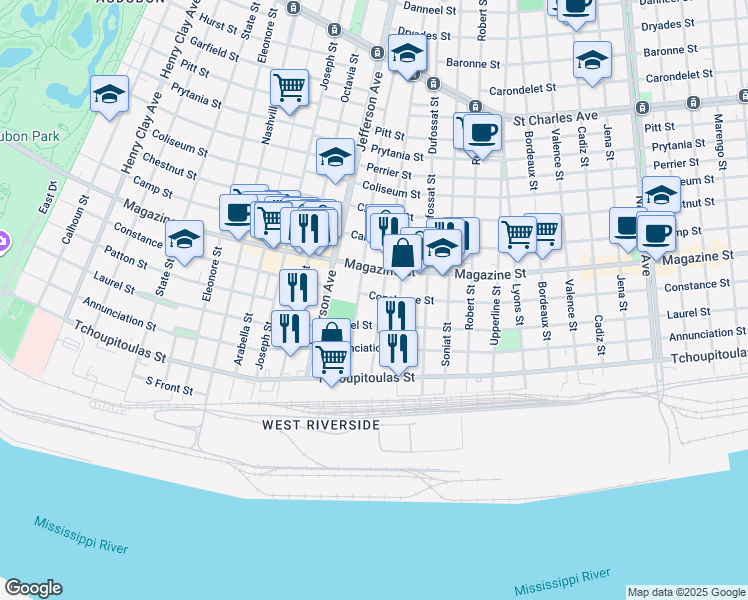 map of restaurants, bars, coffee shops, grocery stores, and more near 721 Leontine Street in New Orleans