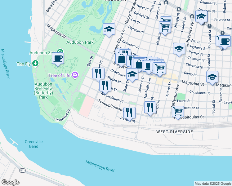 map of restaurants, bars, coffee shops, grocery stores, and more near 422 State Street in New Orleans