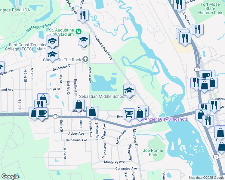 map of restaurants, bars, coffee shops, grocery stores, and more near 2955 Lewis Speedway in St. Augustine