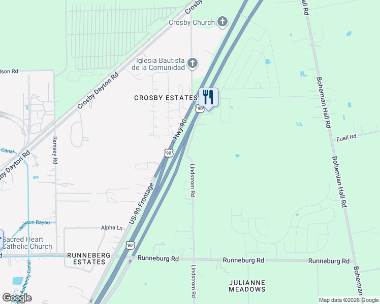 map of restaurants, bars, coffee shops, grocery stores, and more near 16309 Lindstrom Road in Crosby