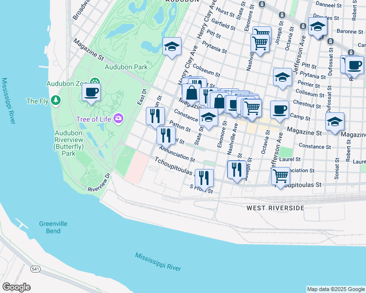 map of restaurants, bars, coffee shops, grocery stores, and more near 422 State Street in New Orleans