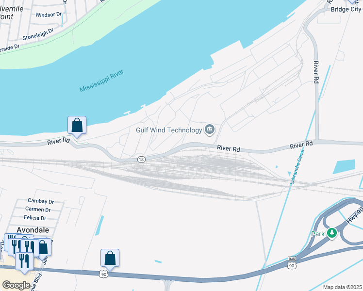 map of restaurants, bars, coffee shops, grocery stores, and more near 5003 River Road in Westwego