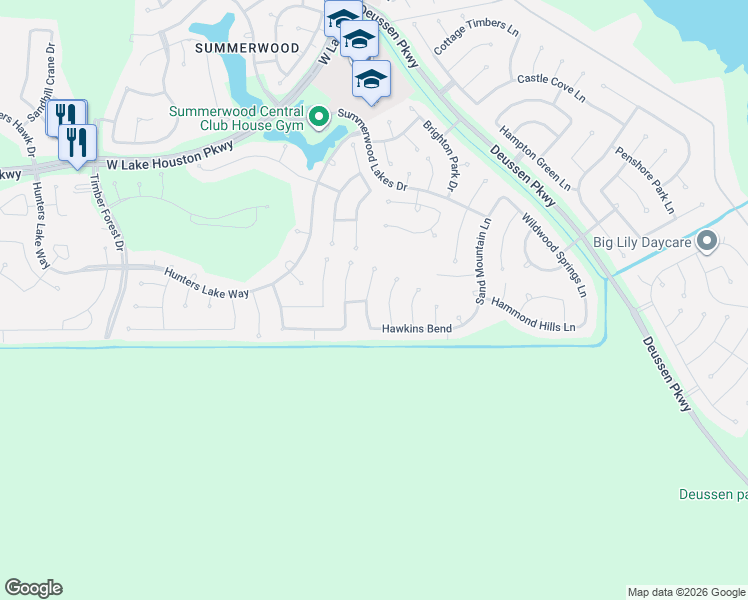 map of restaurants, bars, coffee shops, grocery stores, and more near 15806 Elkins Creek Court in Houston