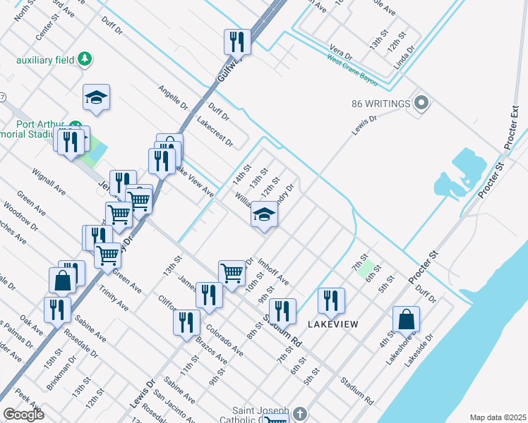 map of restaurants, bars, coffee shops, grocery stores, and more near 1201 Williams Avenue in Port Arthur