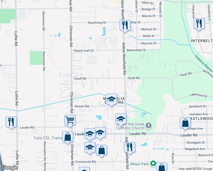 map of restaurants, bars, coffee shops, grocery stores, and more near 1826 Gault Road in Houston
