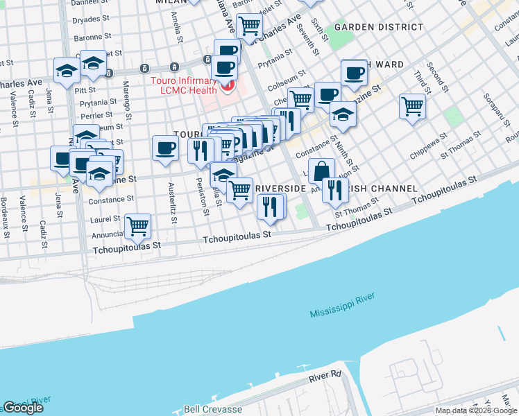 map of restaurants, bars, coffee shops, grocery stores, and more near 3516 Annunciation Street in New Orleans