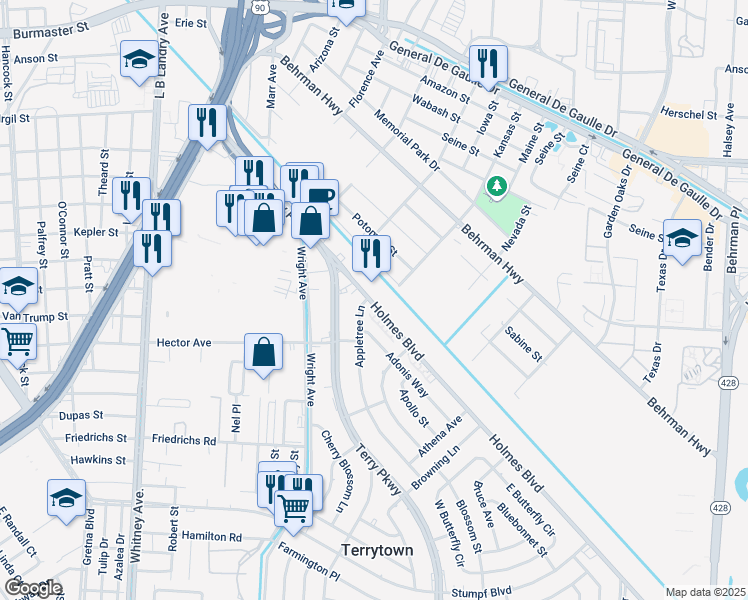 map of restaurants, bars, coffee shops, grocery stores, and more near 109 Appletree Lane in Terrytown