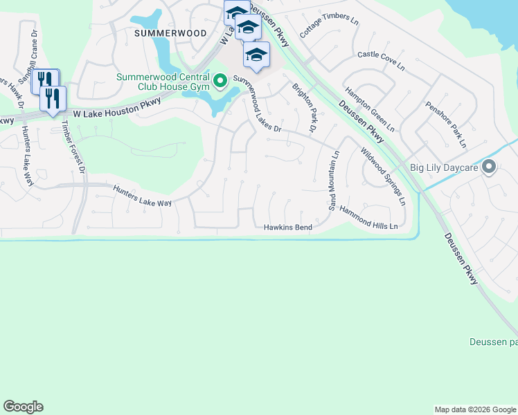 map of restaurants, bars, coffee shops, grocery stores, and more near 15806 Elkins Creek Court in Houston