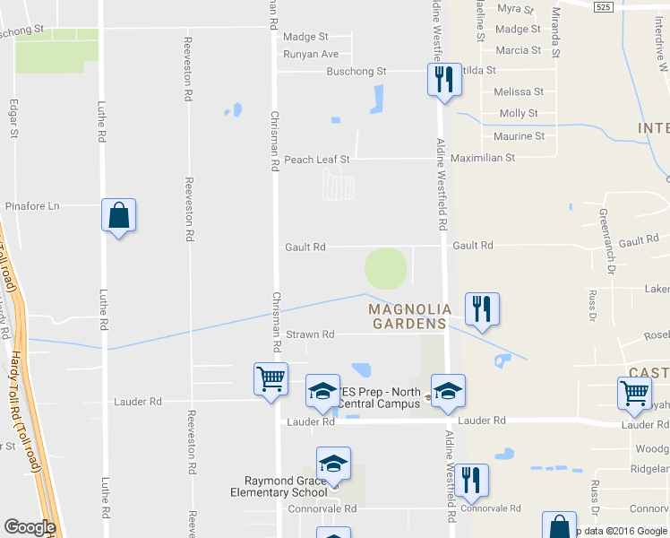 map of restaurants, bars, coffee shops, grocery stores, and more near 1618 Gault Road in Houston