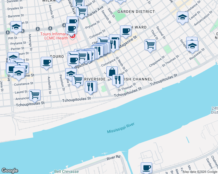 map of restaurants, bars, coffee shops, grocery stores, and more near in New Orleans
