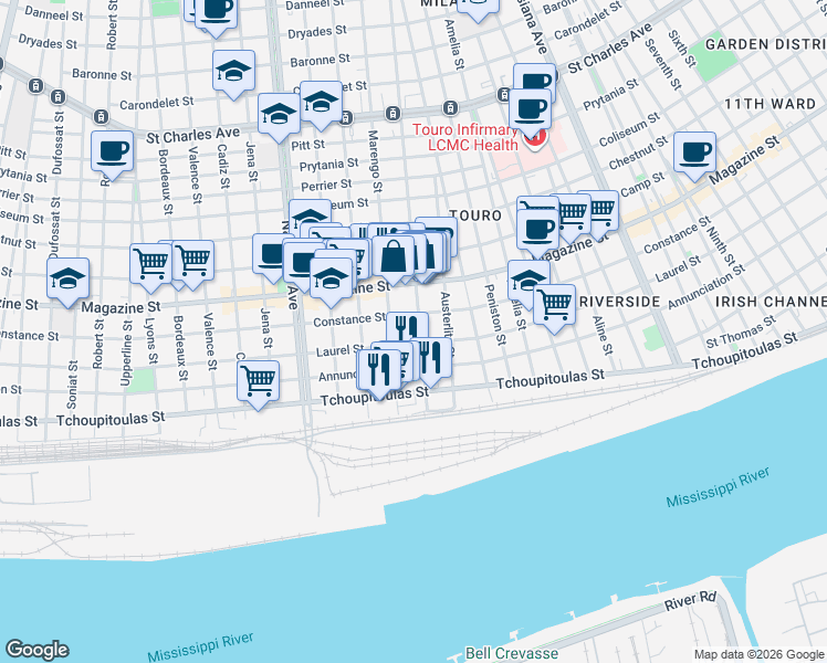 map of restaurants, bars, coffee shops, grocery stores, and more near 716 Constantinople Street in New Orleans