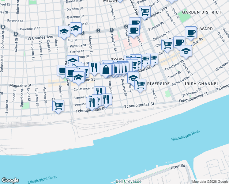 map of restaurants, bars, coffee shops, grocery stores, and more near 620 General Taylor in New Orleans
