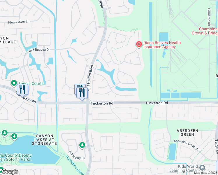 map of restaurants, bars, coffee shops, grocery stores, and more near 16414 Mesa Point Drive in Houston