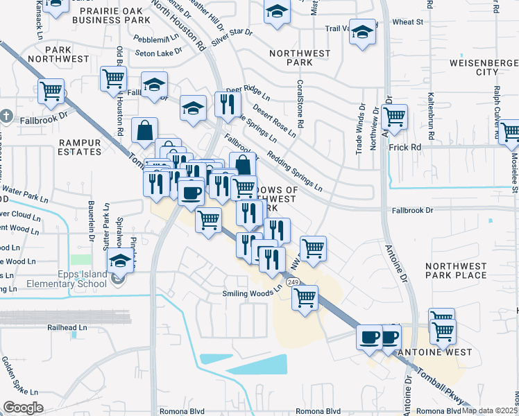 map of restaurants, bars, coffee shops, grocery stores, and more near 13586 Texas 249 in Houston