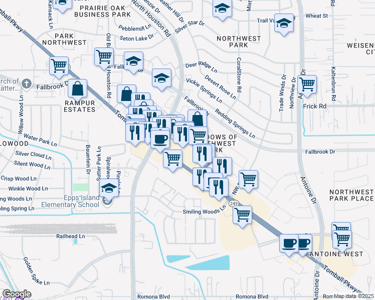 map of restaurants, bars, coffee shops, grocery stores, and more near 13586 Texas 249 in Houston