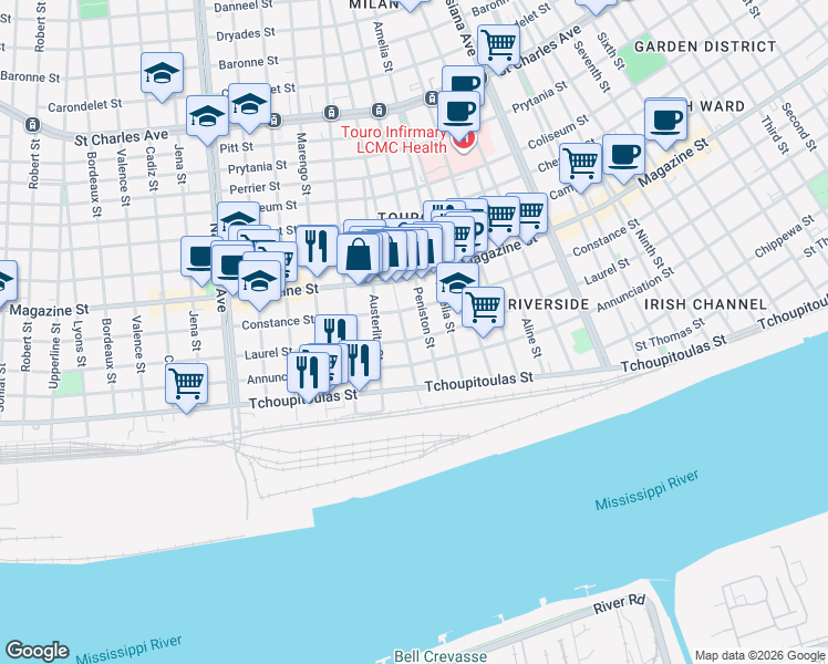 map of restaurants, bars, coffee shops, grocery stores, and more near 620 General Taylor in New Orleans