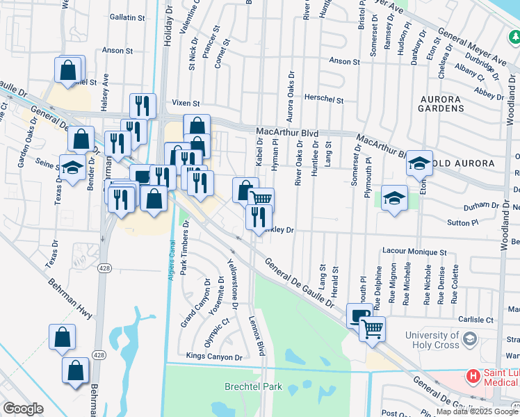 map of restaurants, bars, coffee shops, grocery stores, and more near 3435 Hyman Place in New Orleans