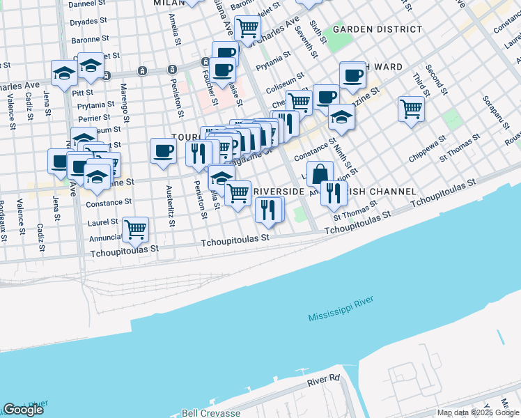 map of restaurants, bars, coffee shops, grocery stores, and more near 3516 Annunciation Street in New Orleans