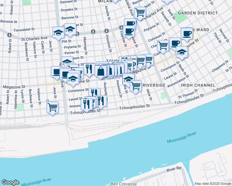 map of restaurants, bars, coffee shops, grocery stores, and more near 620 General Taylor in New Orleans
