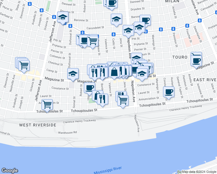 map of restaurants, bars, coffee shops, grocery stores, and more near 726 Valence Street in New Orleans