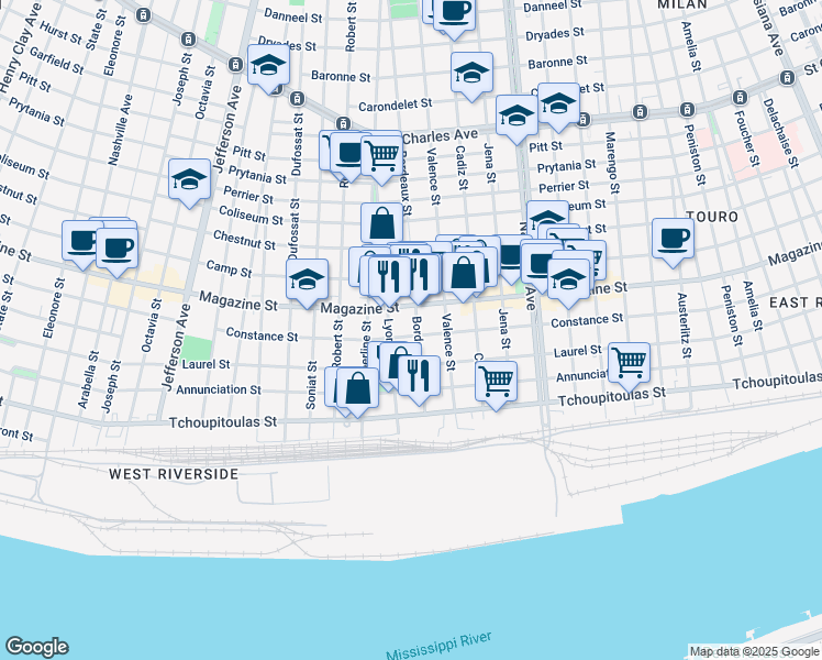 map of restaurants, bars, coffee shops, grocery stores, and more near 4822 Constance Street in New Orleans