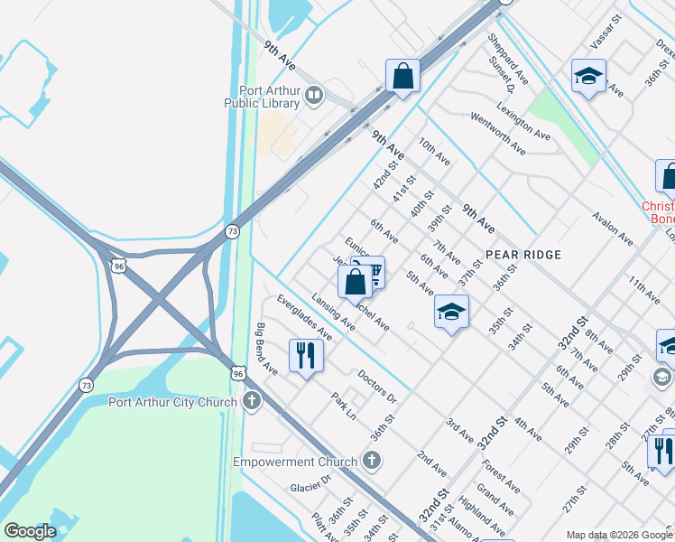 map of restaurants, bars, coffee shops, grocery stores, and more near 4112 Rachel Avenue in Port Arthur