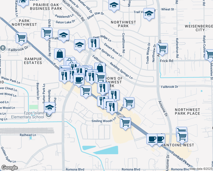 map of restaurants, bars, coffee shops, grocery stores, and more near 13586 Texas 249 in Houston