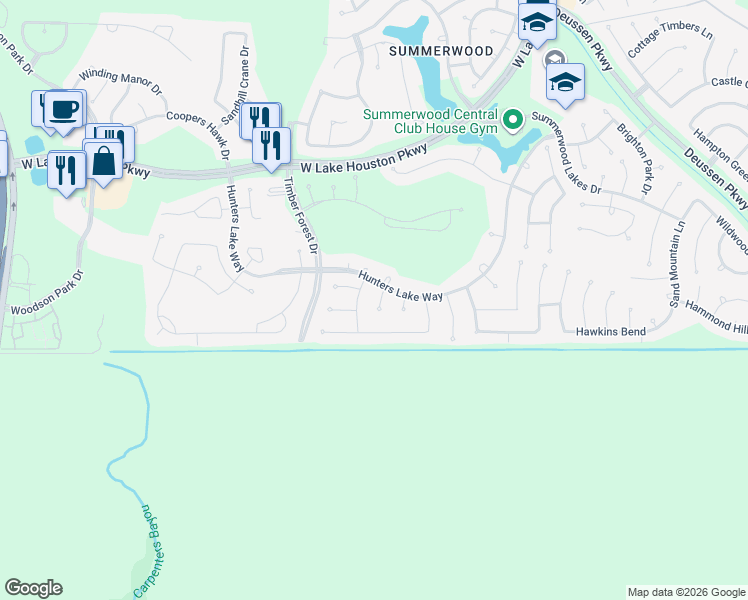 map of restaurants, bars, coffee shops, grocery stores, and more near 15718 White Summit Court in Houston
