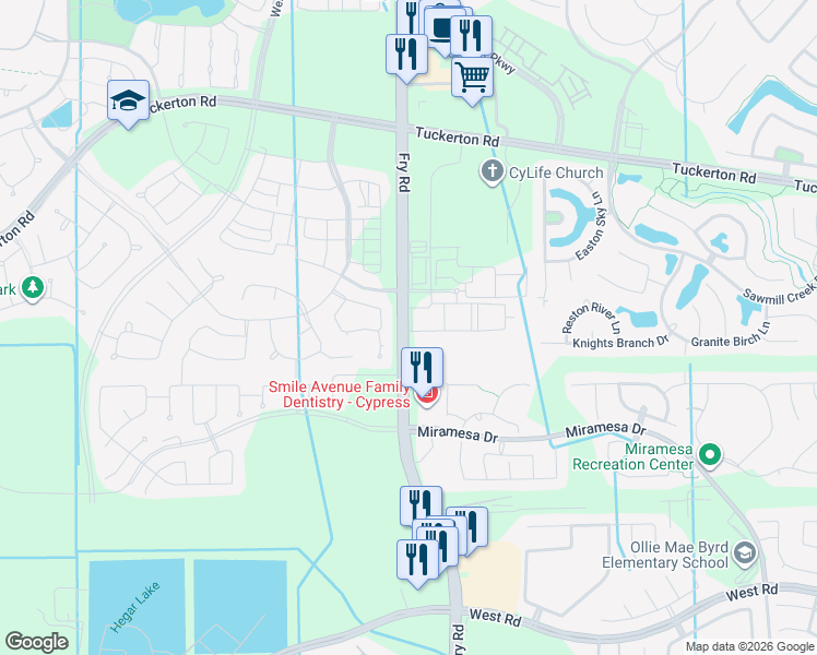 map of restaurants, bars, coffee shops, grocery stores, and more near 9212 Fry Road in Cypress
