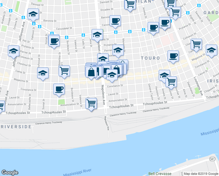 map of restaurants, bars, coffee shops, grocery stores, and more near 4314 Constance Street in New Orleans