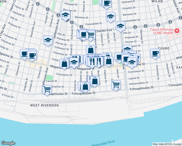 map of restaurants, bars, coffee shops, grocery stores, and more near 735 Upperline Street in New Orleans