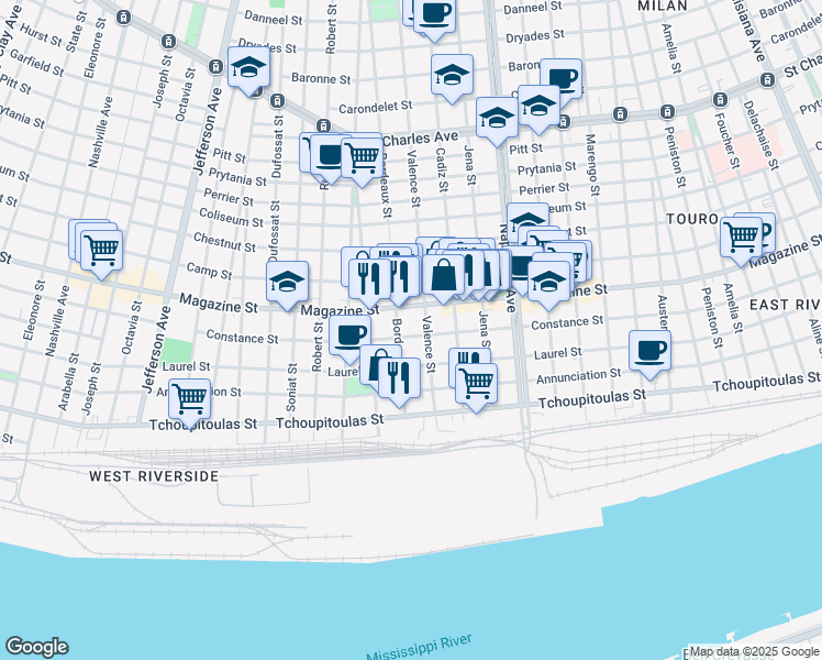 map of restaurants, bars, coffee shops, grocery stores, and more near 4723 Constance Street in New Orleans