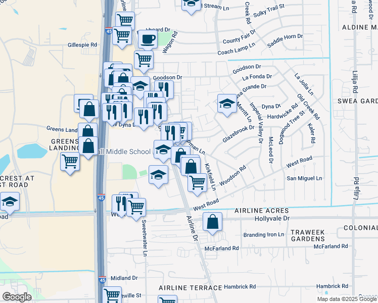 map of restaurants, bars, coffee shops, grocery stores, and more near 15118 Wellman Lane in Houston