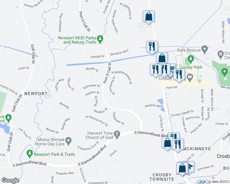 map of restaurants, bars, coffee shops, grocery stores, and more near 510 South Starboard Street in Crosby