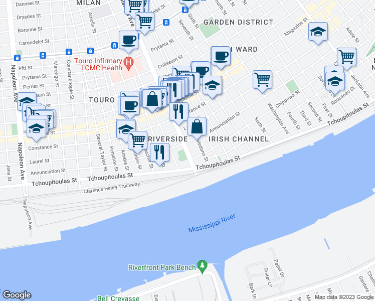 map of restaurants, bars, coffee shops, grocery stores, and more near in New Orleans