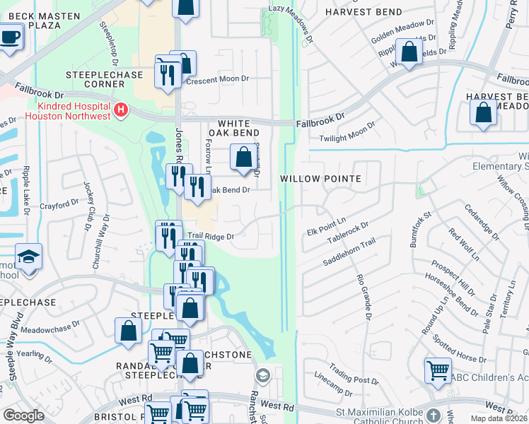 map of restaurants, bars, coffee shops, grocery stores, and more near 10143 White Oak Trail Lane in Houston
