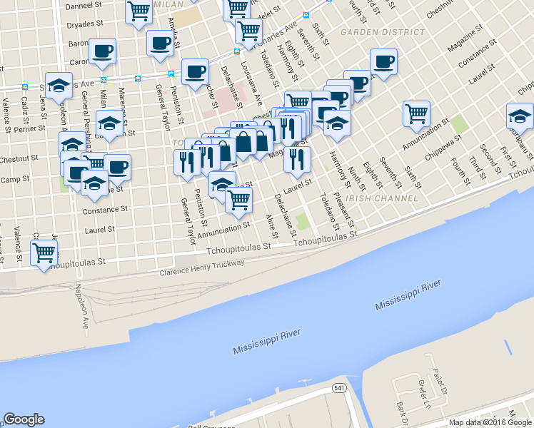 map of restaurants, bars, coffee shops, grocery stores, and more near 3516 Annunciation Street in New Orleans