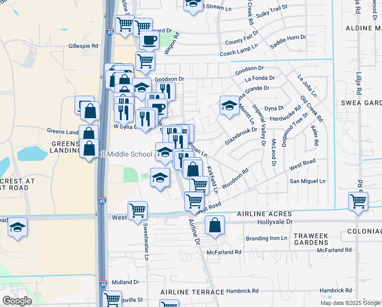 map of restaurants, bars, coffee shops, grocery stores, and more near 15118 Wellman Lane in Houston
