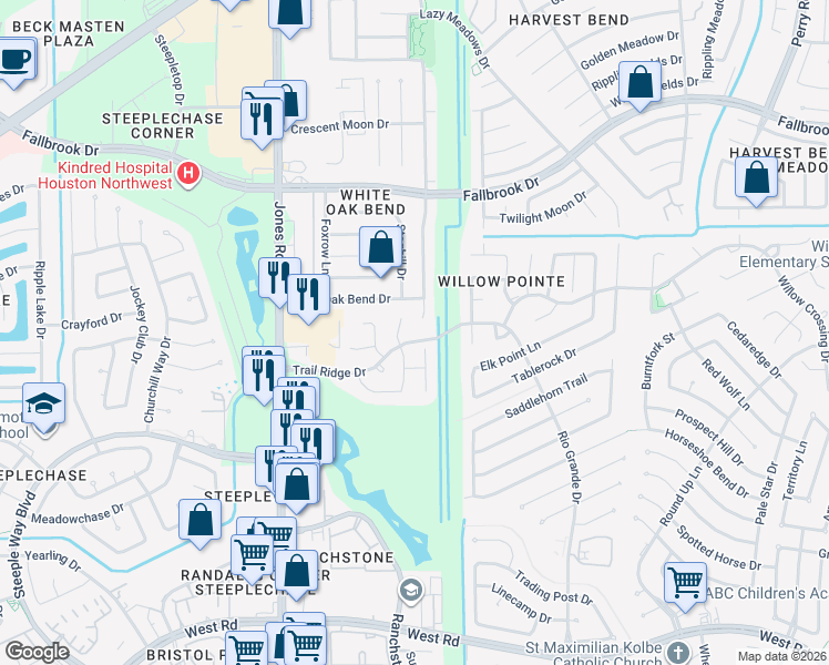 map of restaurants, bars, coffee shops, grocery stores, and more near 10143 White Oak Trail Lane in Houston