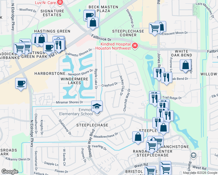 map of restaurants, bars, coffee shops, grocery stores, and more near 11435 Hambleton Way in Houston