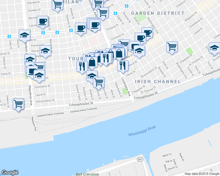map of restaurants, bars, coffee shops, grocery stores, and more near 3501 Annunciation Street in New Orleans