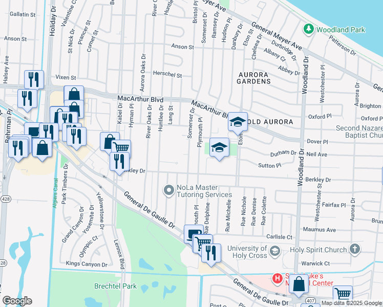 map of restaurants, bars, coffee shops, grocery stores, and more near 3360 Somerset Drive in New Orleans