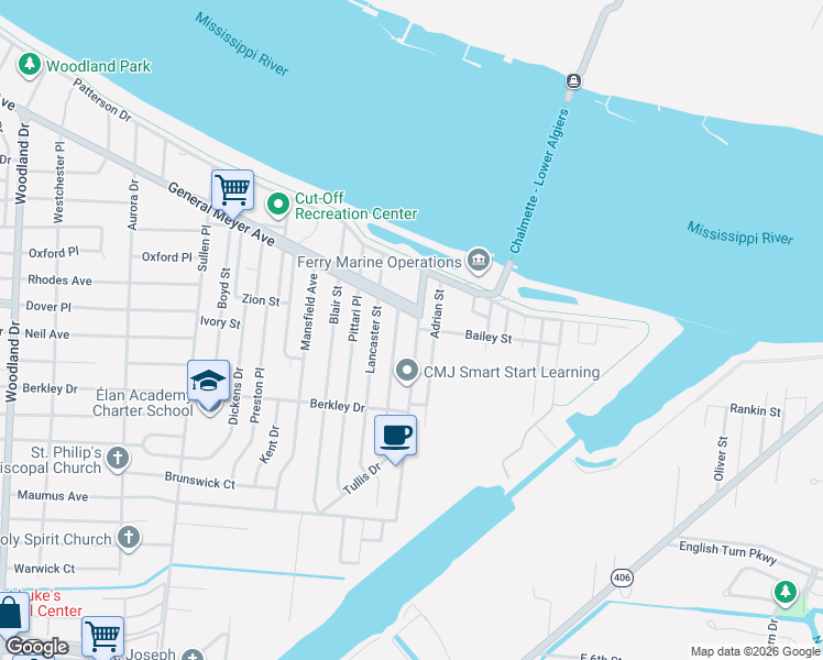 map of restaurants, bars, coffee shops, grocery stores, and more near 7065 General Meyer Avenue in New Orleans