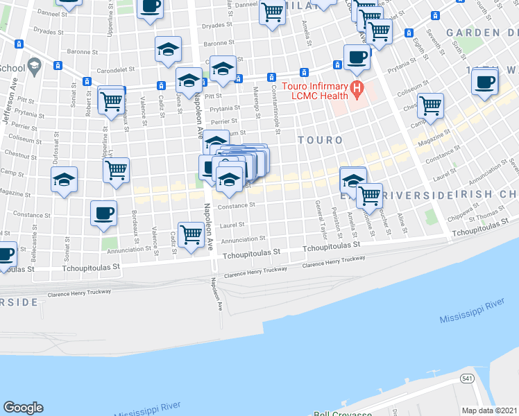 map of restaurants, bars, coffee shops, grocery stores, and more near 4112 Constance Street in New Orleans