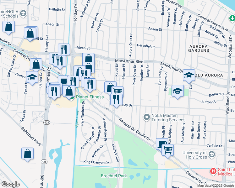 map of restaurants, bars, coffee shops, grocery stores, and more near 3301 Hyman Place in New Orleans