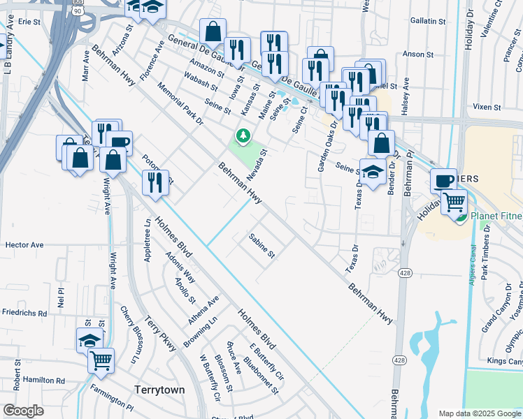 map of restaurants, bars, coffee shops, grocery stores, and more near 3121 Behrman Highway in New Orleans