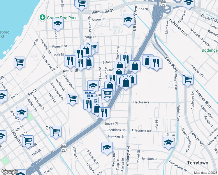 map of restaurants, bars, coffee shops, grocery stores, and more near 1827 Pratt Street in Gretna
