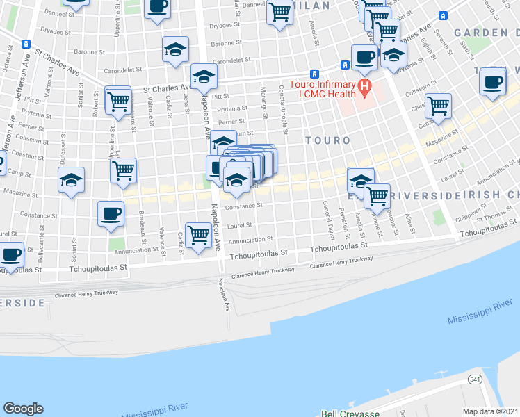 map of restaurants, bars, coffee shops, grocery stores, and more near 821 Milan Street in New Orleans