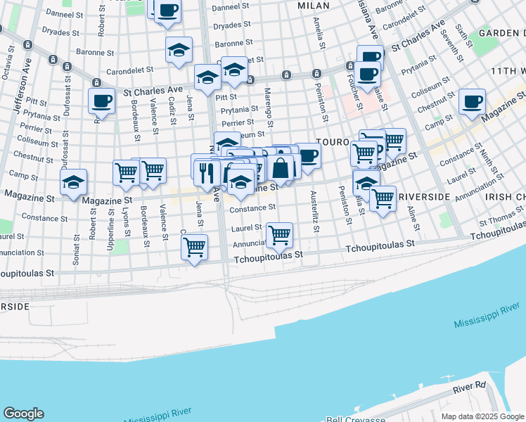map of restaurants, bars, coffee shops, grocery stores, and more near 821 Milan Street in New Orleans