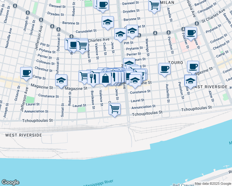map of restaurants, bars, coffee shops, grocery stores, and more near 4528 Magazine Street in New Orleans
